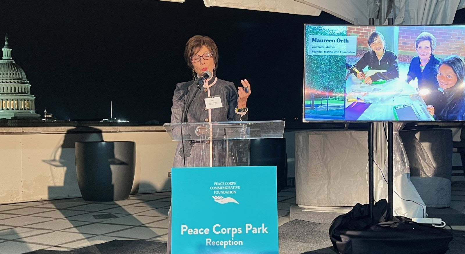 An image of Maureen Orth speaking at the Peace Corps Park reception on Nov. 9, 2023