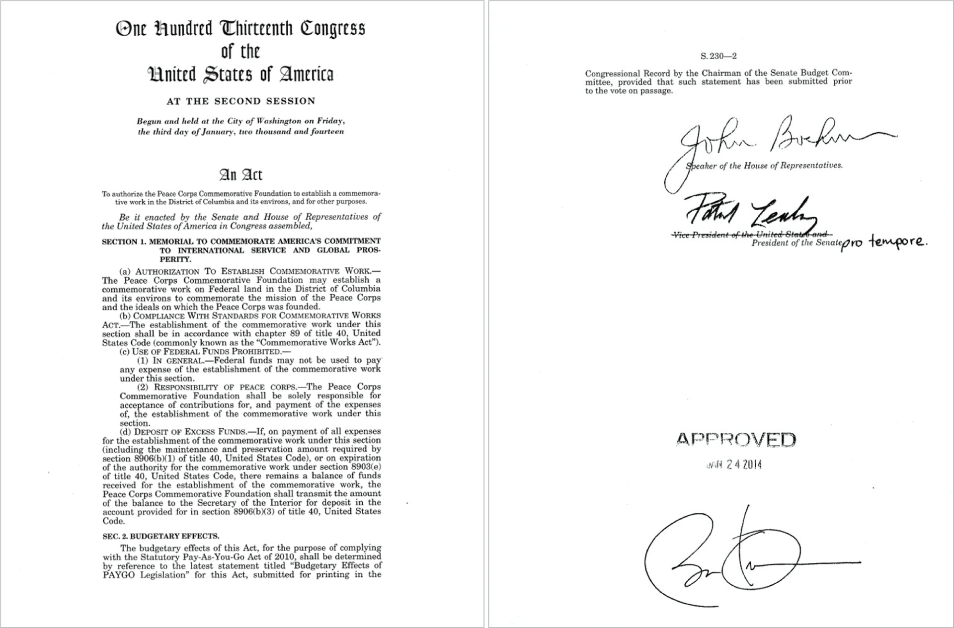 An image of the Peace Corps Commemorative Authorization Act legislation, signed by Barack Obama