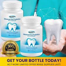 Bottles of dental probiotics next to a hand holding a tooth model. Text: 