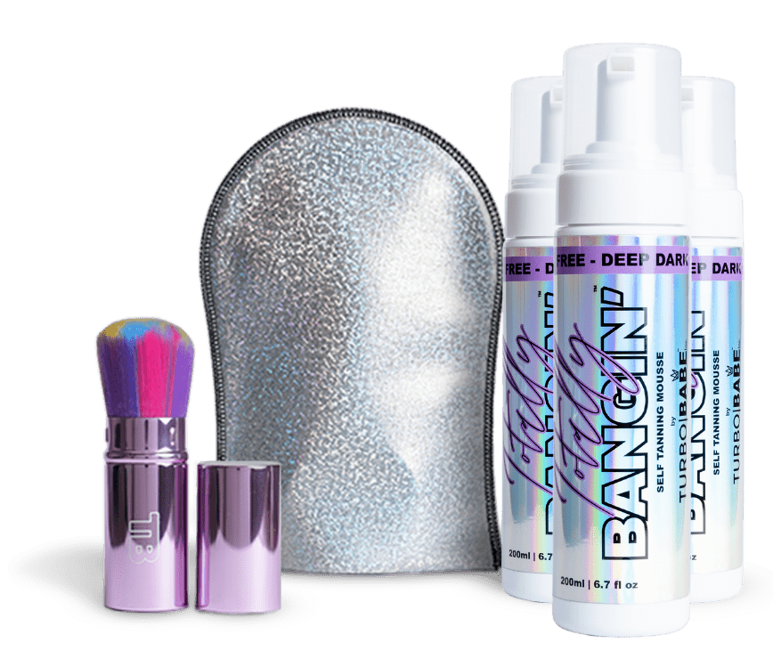 Self-tanning kit: foams, applicator mitt, brush, and purple and silver packaging.
