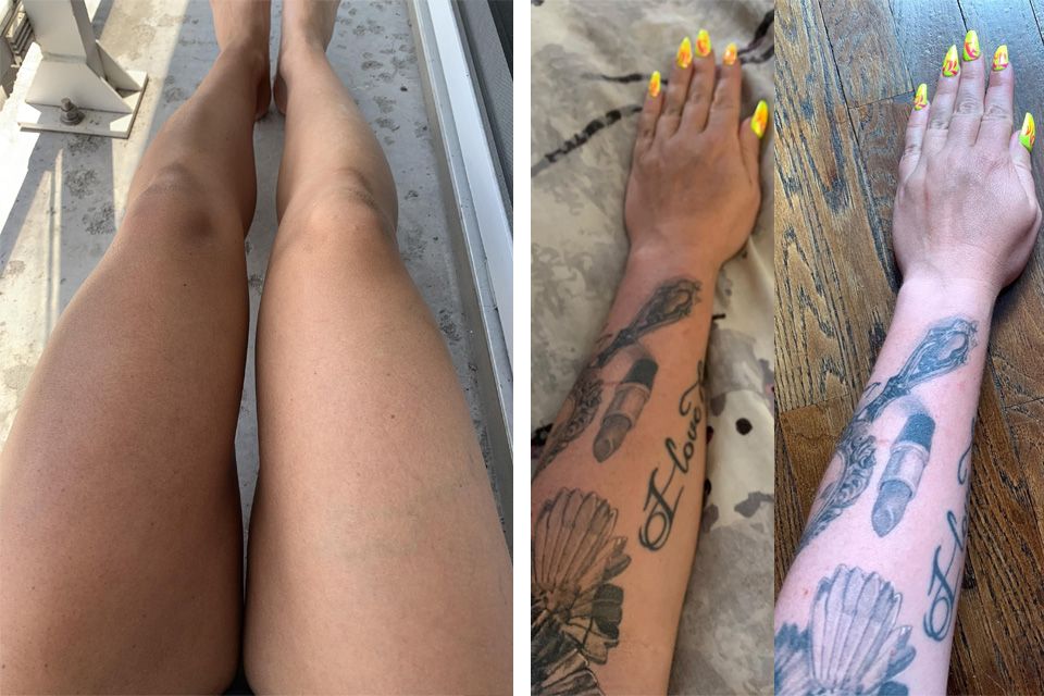 Self-tanning kit: foams, applicator mitt, brush, and purple and silver packaging.