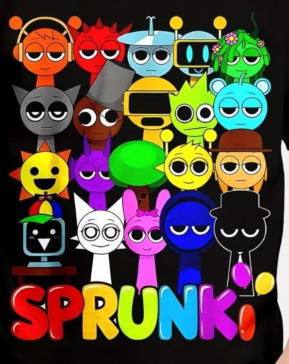 Colorful cartoon characters with various expressions above the word 