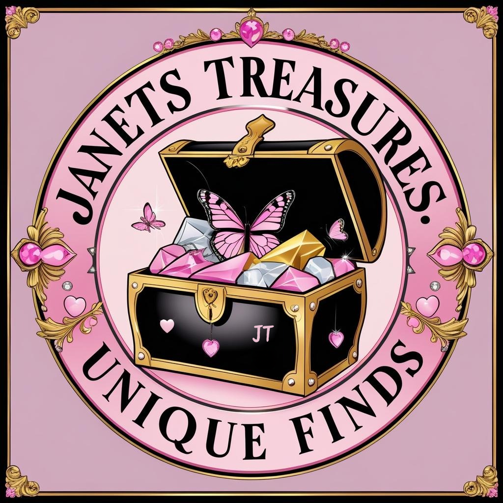 Logo for Janets Treasures: a treasure chest filled with jewels, butterflies, and a pink background.