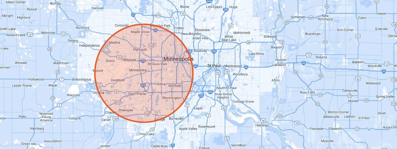 Map with a large red highlighted circle over a city area Map with a large red highlighted circle over a city area