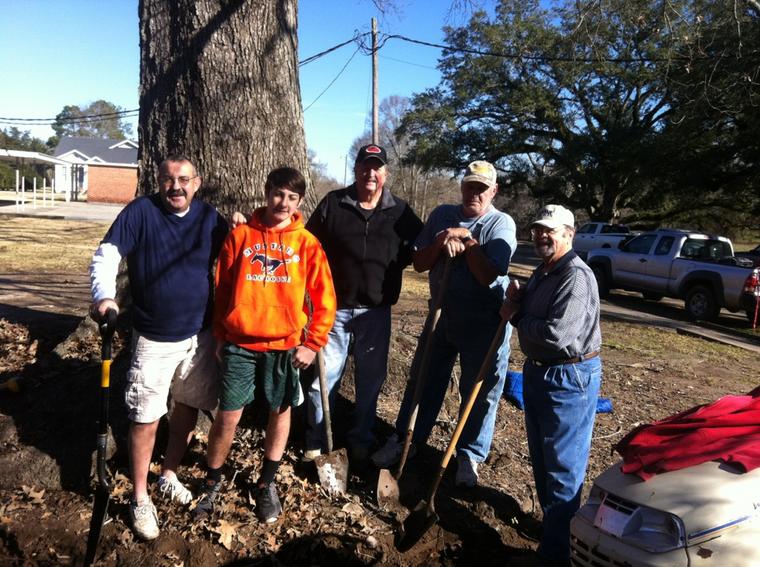 Ditch Diggers:  L-R - Jerry Richard, Ashton Richard, Charles Hardy, Erwin Thibodeaux, and Charles Taylor.  Work is progressing on the Memorial Prayer Garden at St. John Francis Regis Church.