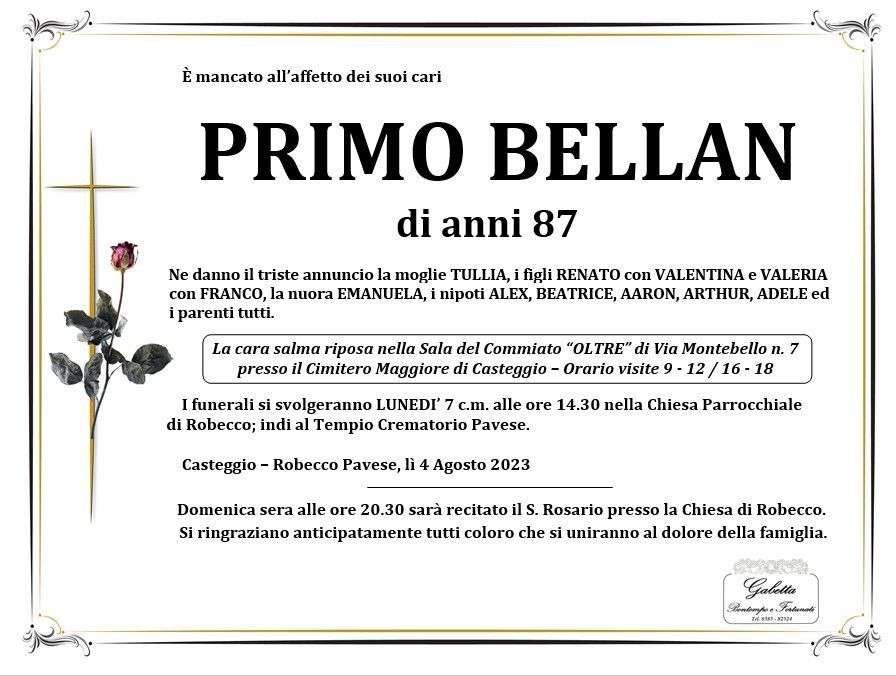 necrologio BELLAN PRIMO