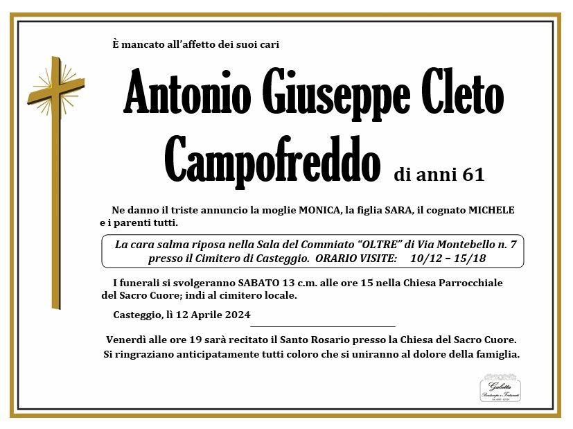 necrologio CAMPOFREDDO ANTONIO GIUSEPPE CLETO 