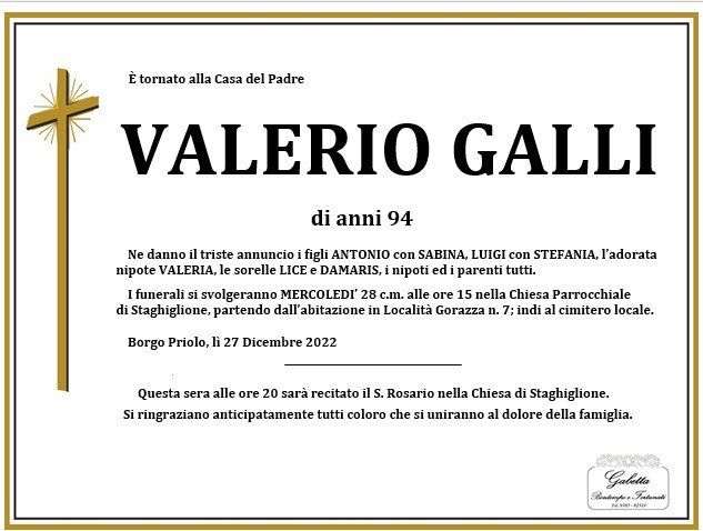 necrologio GALLI VALERIO
