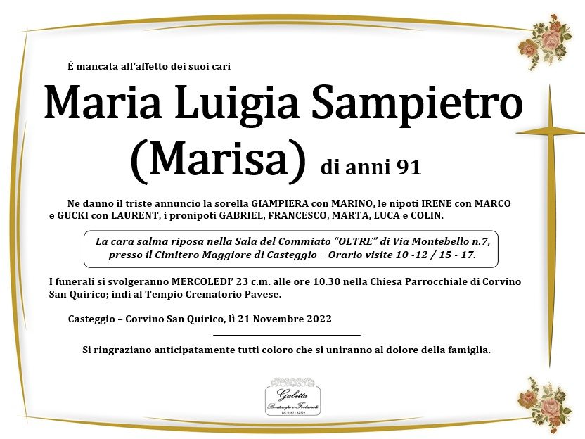 necrologio SAMPIETRO MARIA LUIGIA