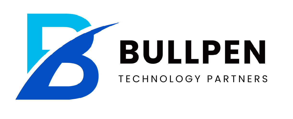 A blue and black logo for bullpen technology partners.