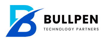 A blue and black logo for bullpen technology partners.