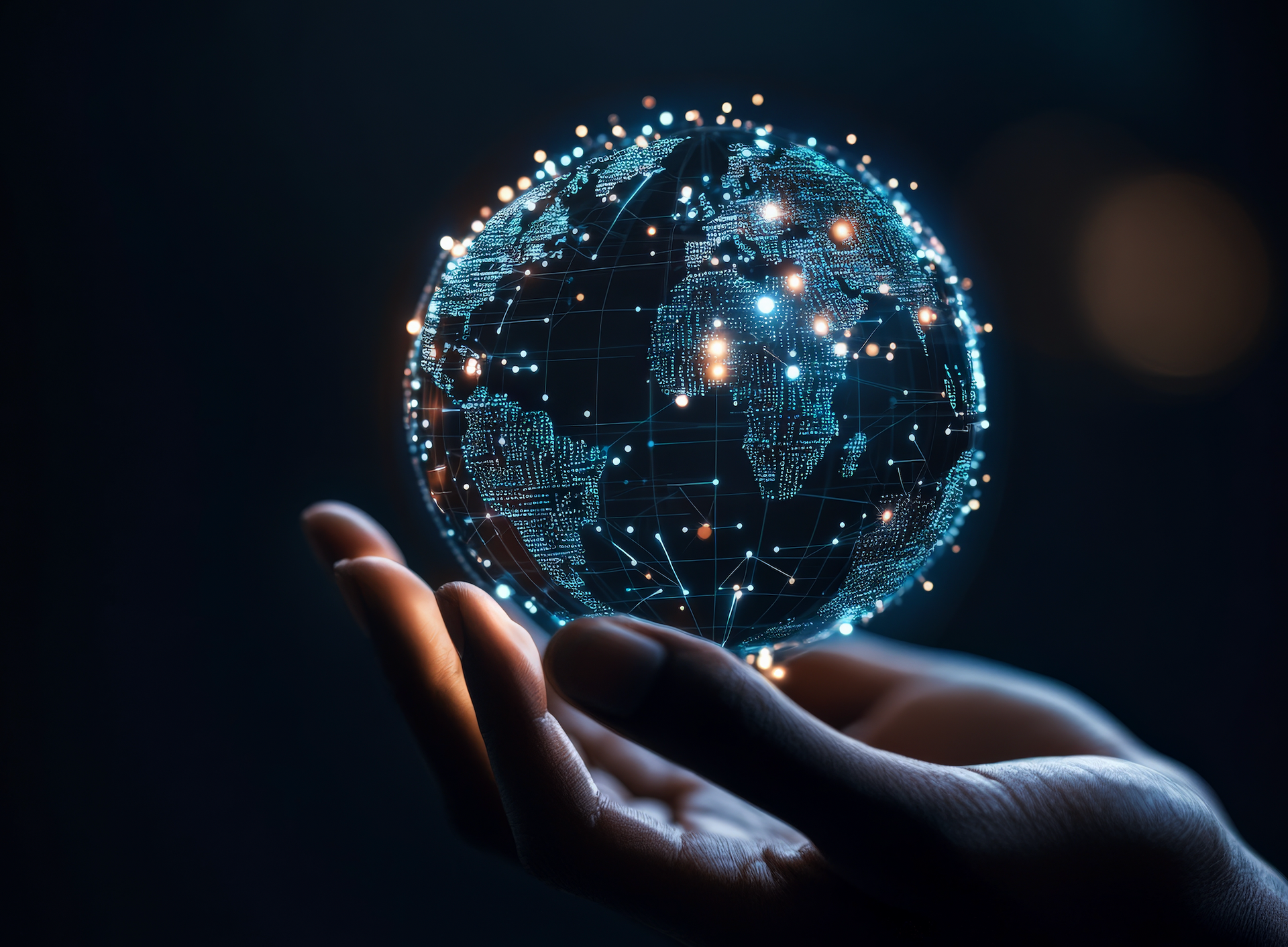 A person is holding a glowing globe in their hands.