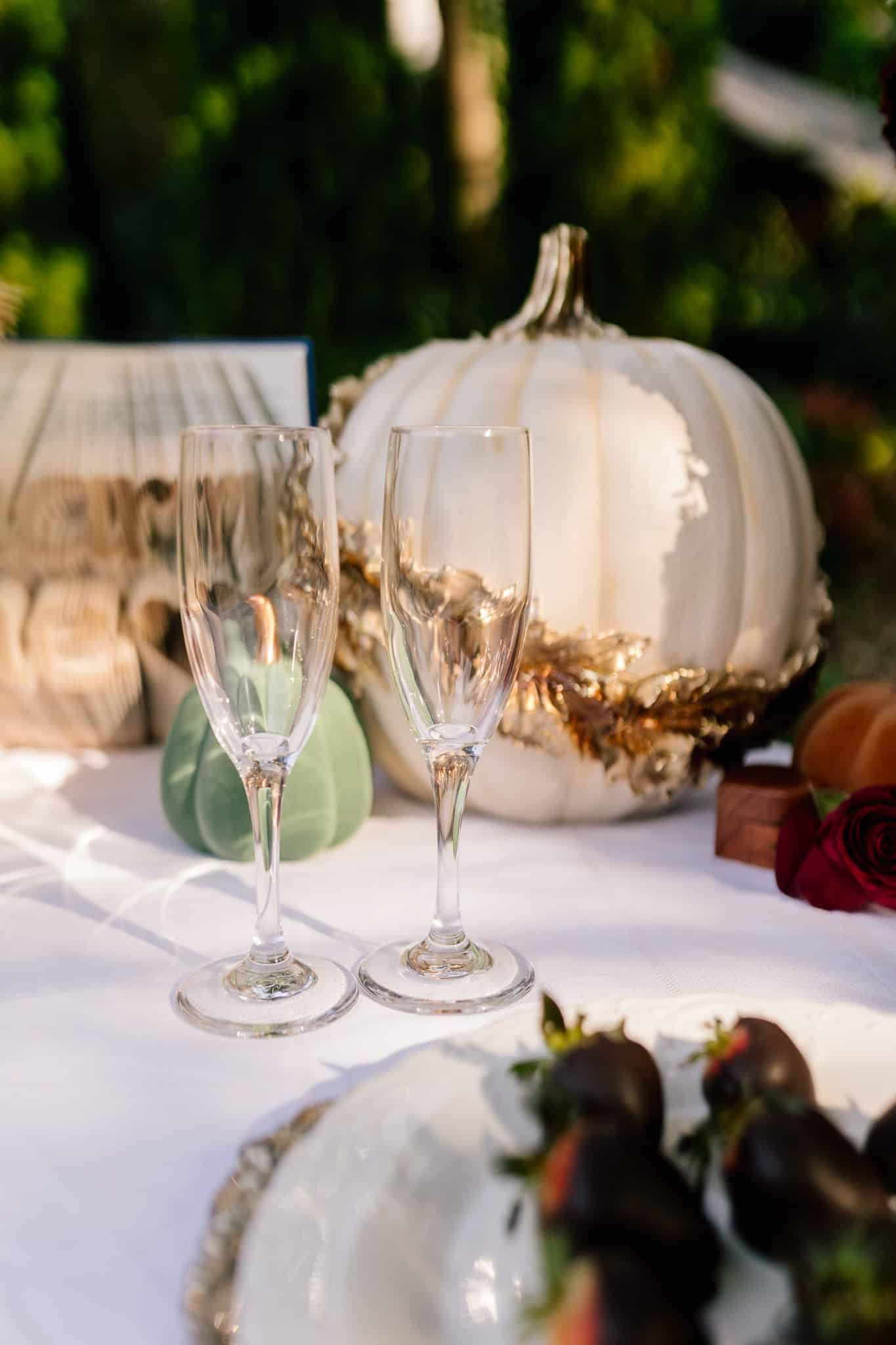 A table with a white pumpkin and wine glasses on it.