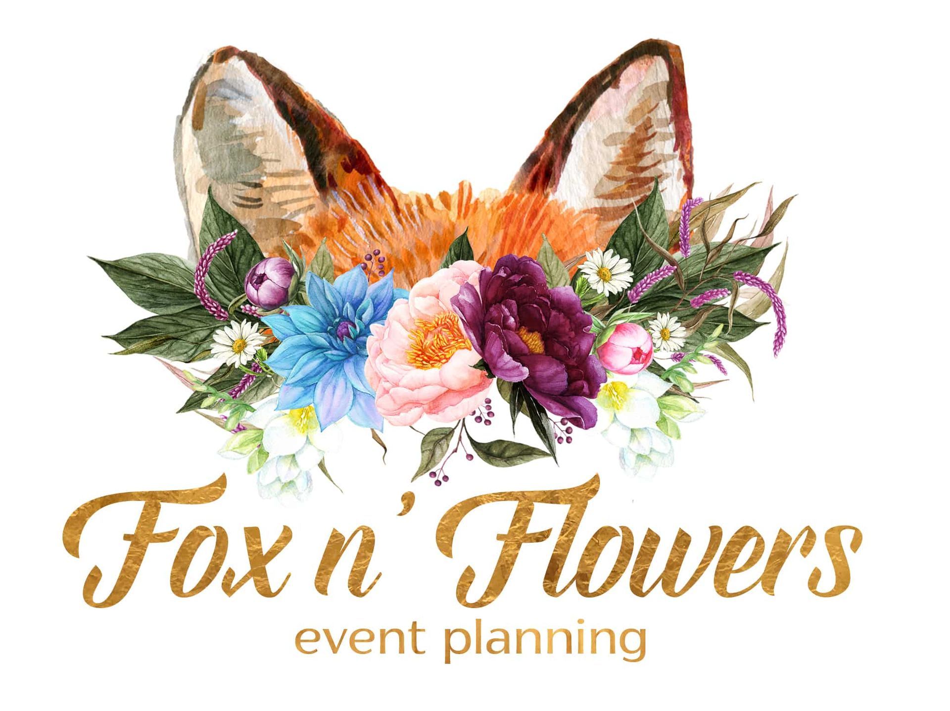 The logo for fox n flowers event planning shows a fox surrounded by flowers.