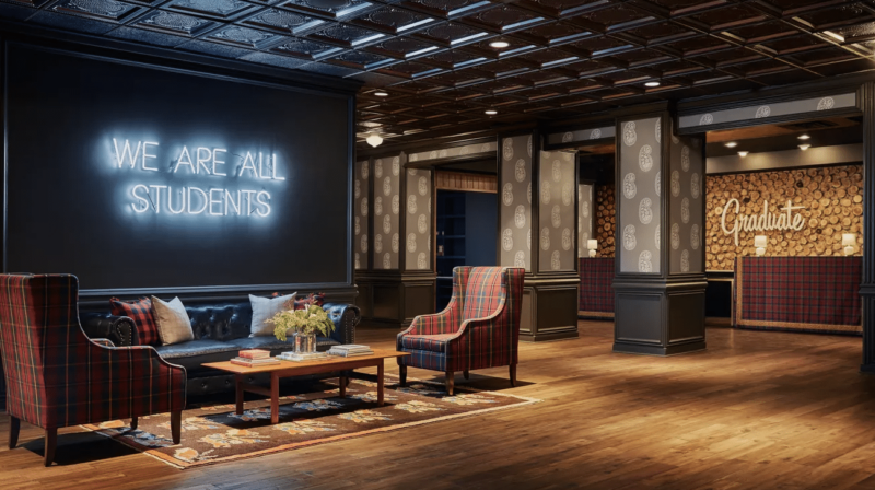 A living room with a couch , chairs , and a neon sign that says `` we are all students ''.