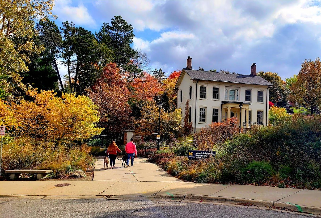 A group of people are walking down a sidewalk in front of a large white house.