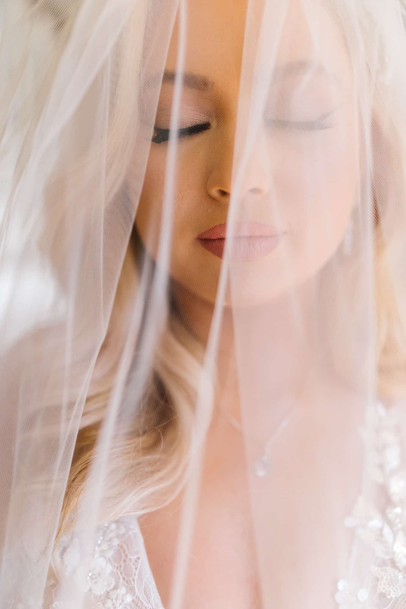 A close up of a woman wearing a veil with her eyes closed.