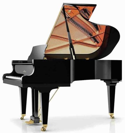 A black grand piano with the lid open on a white background.