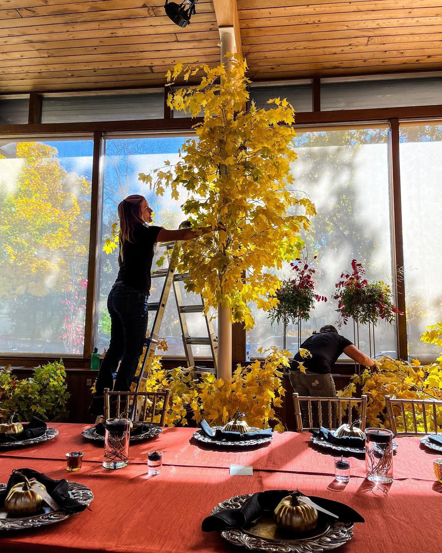 A woman is standing on a ladder in front of a table with plates and glasses.
