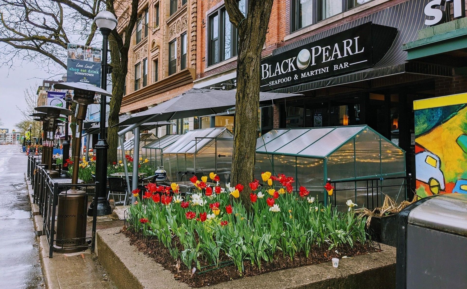 A row of buildings with flowers in front of them and a sign that says black pearl.