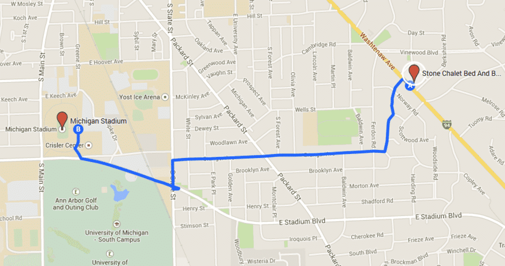 Map with blue line showing route from Northgate Stadium to Strong Chalet Bar B.