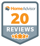 HomeAdvisor badge: 20 reviews, three stars, orange and white text on gray shield.