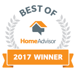 Best of HomeAdvisor 2017 Winner badge with gray, orange and white colors. Features a house icon with a speech bubble.