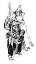 Wizard in robes and hat, holding staff and orb.