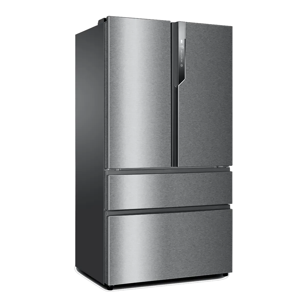 Stainless steel, four-door refrigerator, with two bottom freezer drawers.