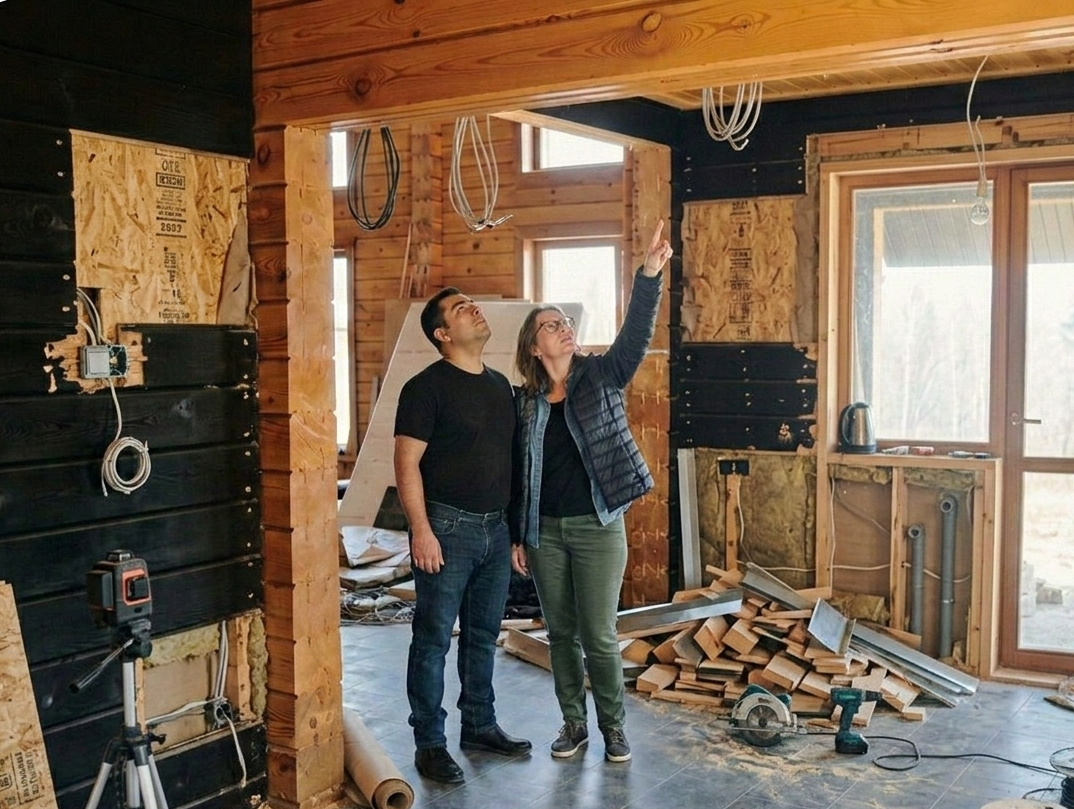 Woman in front of a weathered wooden building with porch and steps. Bush obscures part of the entrance.