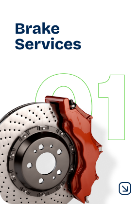 Brake Services: Car brake rotor with a red caliper. Number 