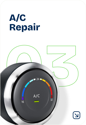 A/C Repair: Climate control knob with temperature gauge, "A/C" illuminated. Number "3" in the background, surrounded by a green "0". | Cain's Auto Shop