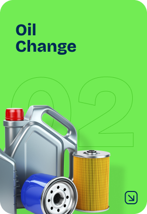 Oil change advertisement with oil, oil filters on green background, and