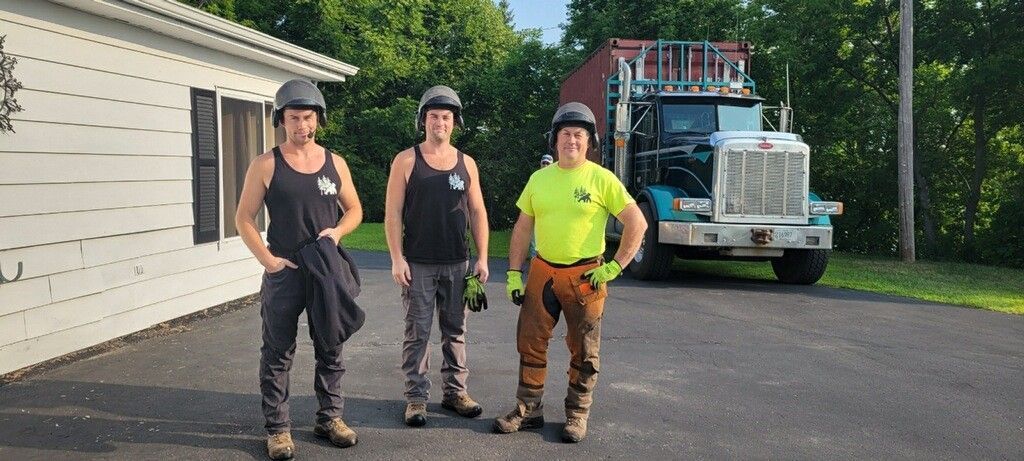 Three men are standing in front of a truck in a driveway.