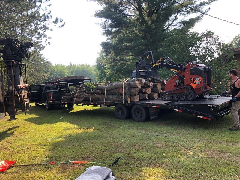 A man is standing next to a trailer filled with logs.