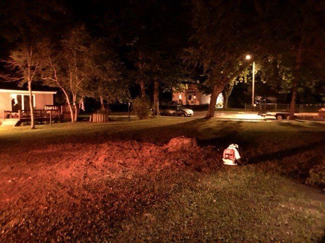 A fire hydrant is lit up at night in front of a house