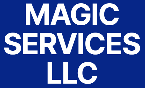 The logo for magic services llc is blue and white.
