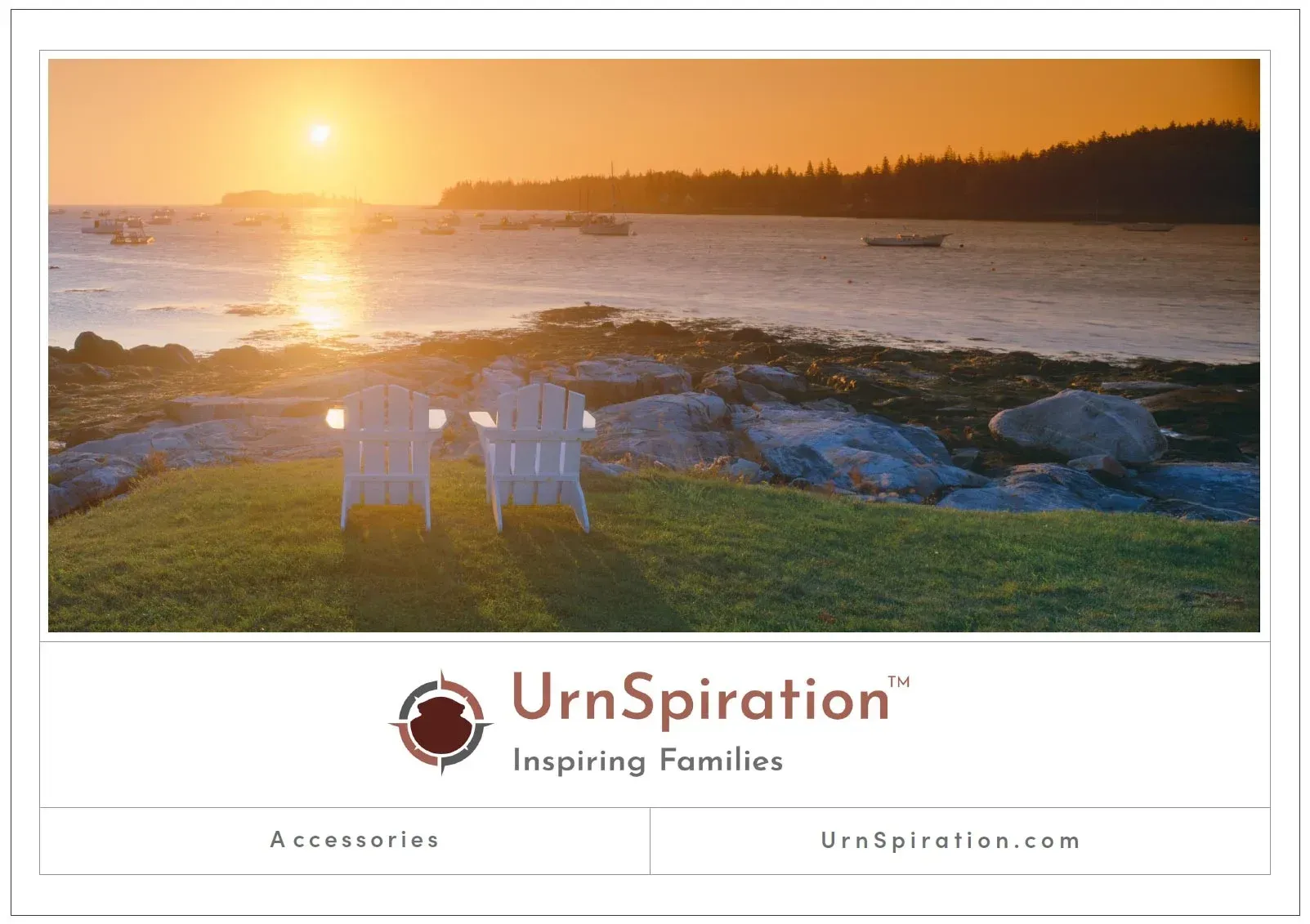 A mainely urns and memorials logo with a sunset in the background