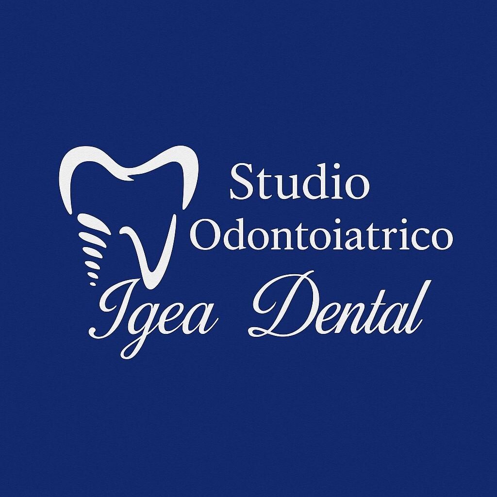 Logo bianco dello studio dentistico su sfondo blu. Presenta l'immagine di un dente e la scritta: 