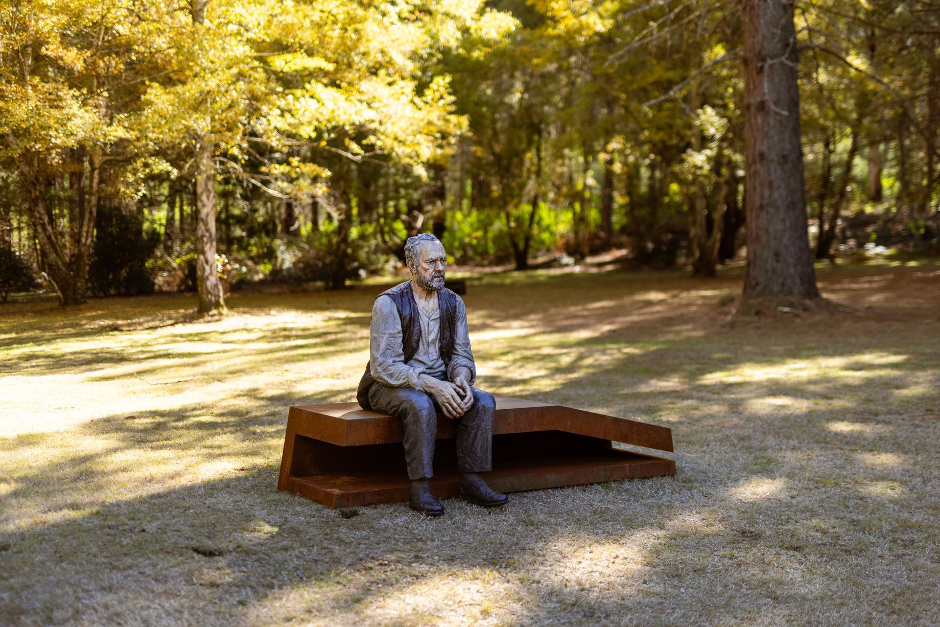 Snowy Valleys Sculpture Trail sculpture in the forest Pilot Hill Arboretum showing man on a seat