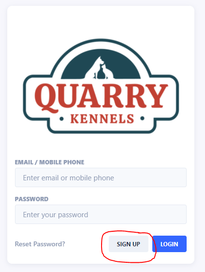 Login screen for Quarry Kennels with fields for email/phone, password, and buttons Login screen for Quarry Kennels with fields for email/phone, password, and buttons