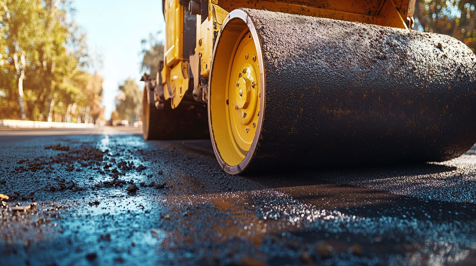 Close-up of a road roller at work, highlighting business asphalt paving surface preparation.