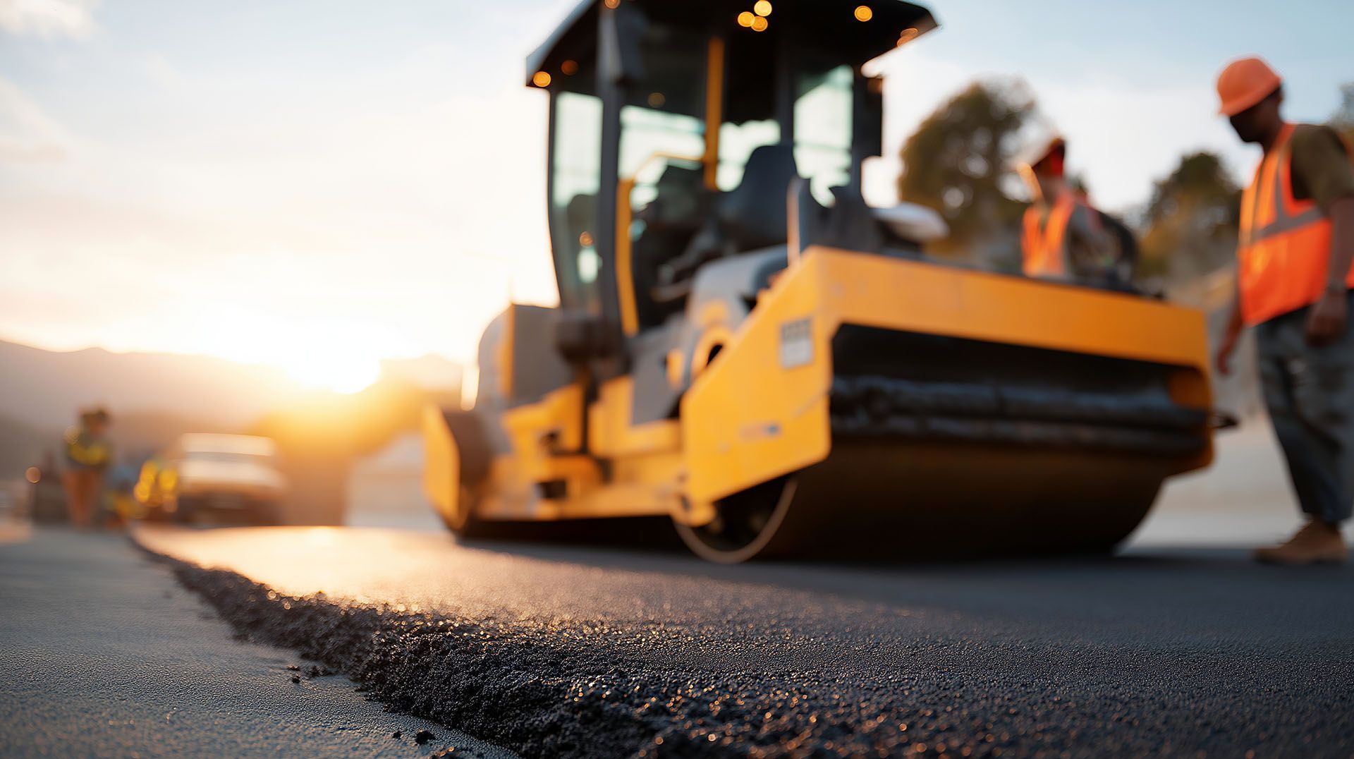 Industrial steamroller finishing a parking lot as part of a business asphalt paving service.