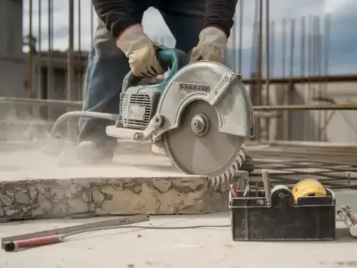 Person in gloves using a power saw to cut concrete, creating dust, on a construction site.