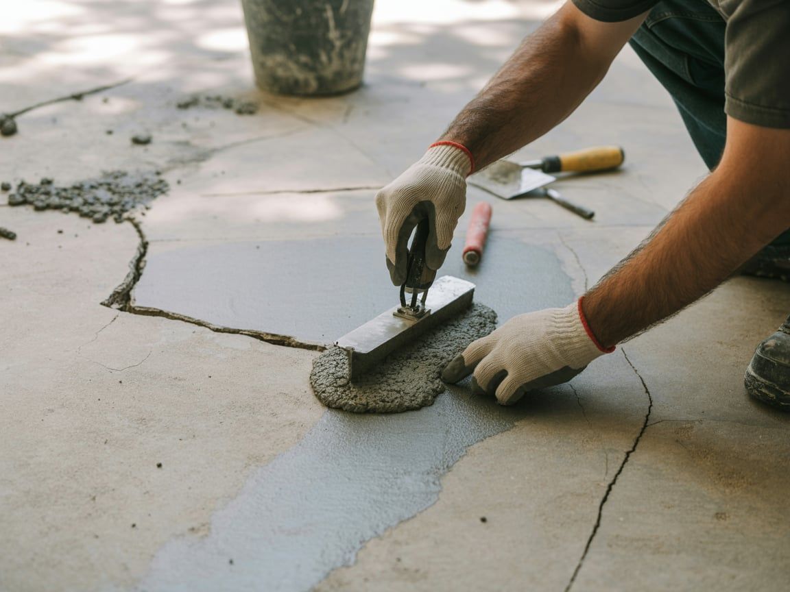 Person using a trowel to spread cement on a cracked concrete surface, outdoors.