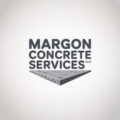 Logo for Margon Concrete Services LLC: text above a gray, 3D concrete slab with a shadow.