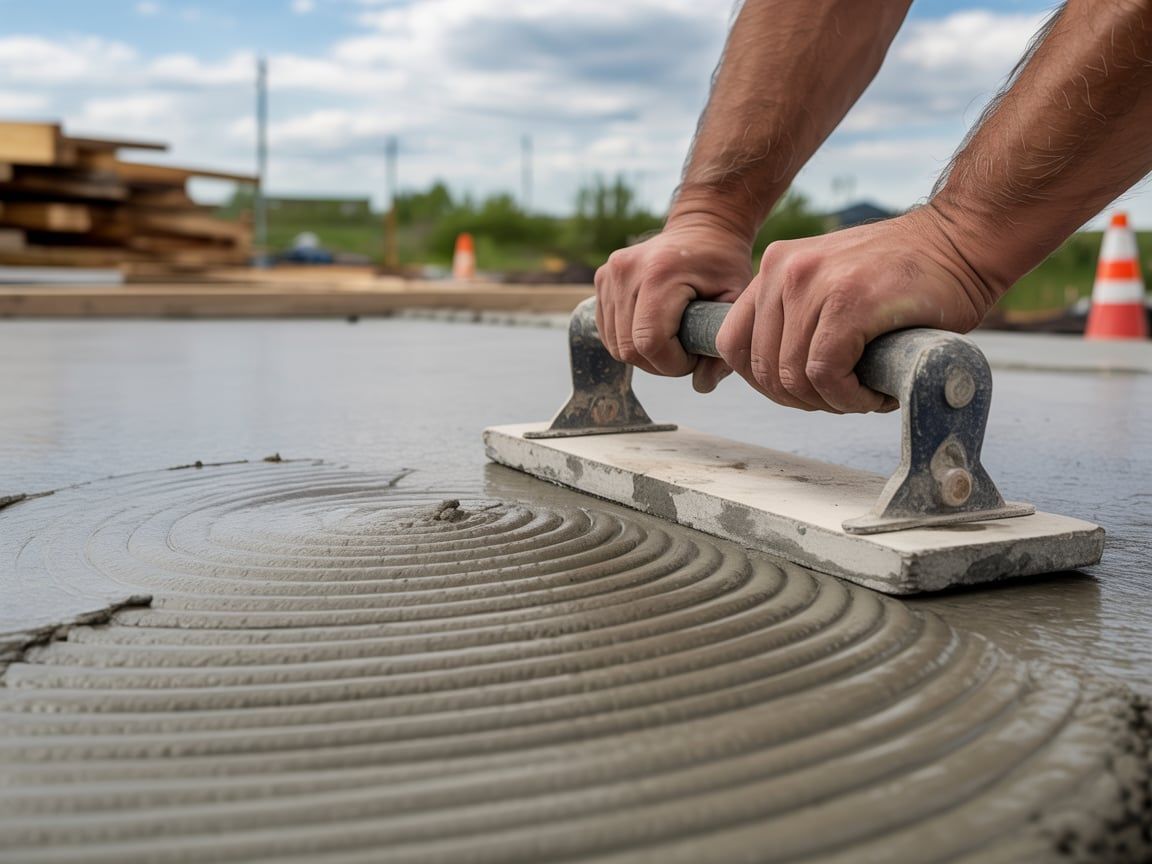 Man smoothing wet concrete with a hand float at a construction site.