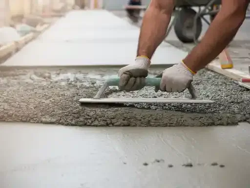 Worker smoothing wet concrete with a trowel at a construction site.