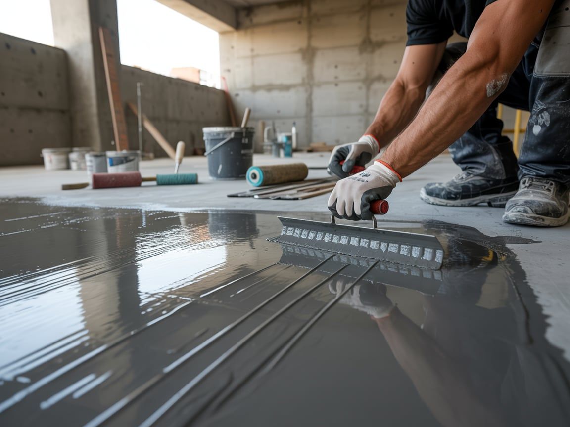 Person smoothing gray concrete flooring with a trowel; construction site.