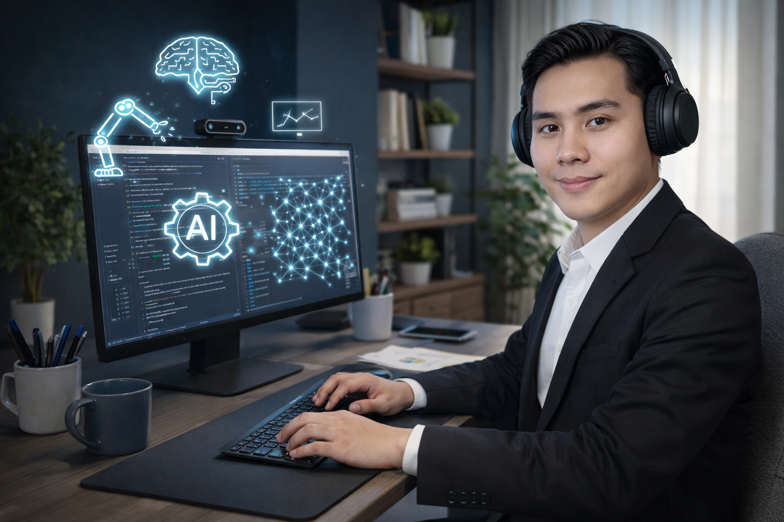 Woman in glasses at desk with video call on monitor, looking at graphs on tablet and paper.